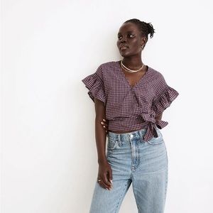 Madewell Flutter-Sleeve Side-Tie Wrap Top in Plaid Size S